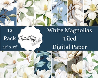 May include: A digital paper pack featuring 12 seamless patterns of white magnolia flowers on various backgrounds, including blue, green, and gray. The pack is titled "White Magnolias Tiled Digital Paper" and includes 12" x 12" designs.