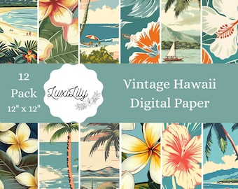 Vintage Hawaii Digital Paper Pack: Retro Floral Scrapbook Patterns (Digital Download