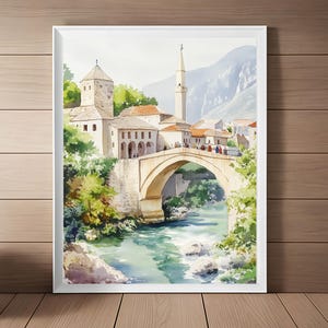 Impresión artística de Bosnia y Herzegovina, pintura en acuarela del paisaje urbano de Mostar, Stari Most, Puente Viejo, póster de viaje a Europa, regalo de viaje europeo