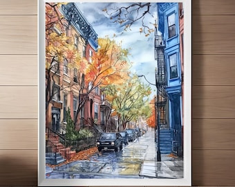 May include: A watercolour painting depicting a city street lined with colourful buildings and autumn leaves. Cars are parked along the street, and the pavement is wet from the rain.
