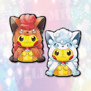 Peut inclure: Deux personnages de Pokemon de dessin animé, l'un avec un manteau de fourrure rouge et orange et l'autre avec un manteau de fourrure blanc, tous deux avec des visages jaunes et des yeux noirs.