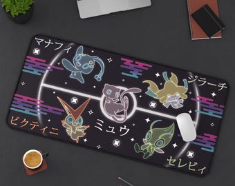 Mythical Fairies-type muismat, bureaumat, XXL verlengde muismat, TCG-speelmat, Mew, Celebi, Jirachi, Manaphy en Victini-bureaumat neonthema
