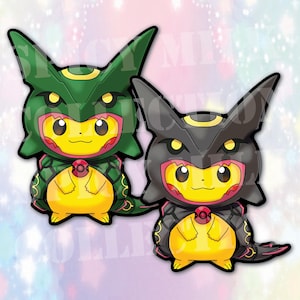 Pegatina de vinilo brillante de Rayquaza para vestir a Pikachu. Ideal para portátiles, agendas, diarios, botellas de agua, Yeti y enfriadores de agua.