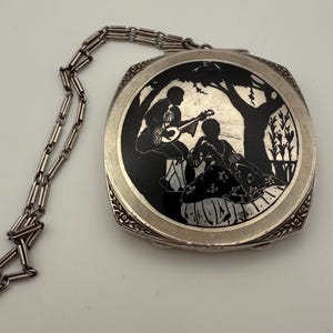 Vintage Sterling Silver Art Nouveau Compact With Chain
