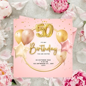 Bearbeitbare 50. Geburtstagseinladung, Rose Gold und Schwarz Einladung, Ballon, druckbare 50. Fifty & Fabulous digitale Geburtstagseinladung