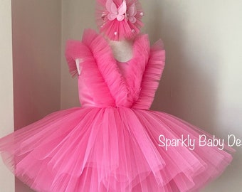 Handmade Pink Butterfly Tulle Dress: First Birthday Photoshoot Outfit