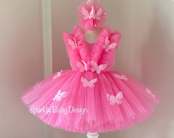 Handmade Pink Butterfly Tulle Dress: First Birthday Tutu, Photoshoot Outfit
