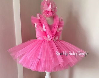 Handmade Pink Butterfly Tulle Dress: First Birthday Tutu, Photoshoot Outfit