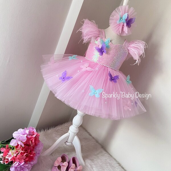 Sofia Baby Tulle Ruffled Butterfly Garden Dress-Pink