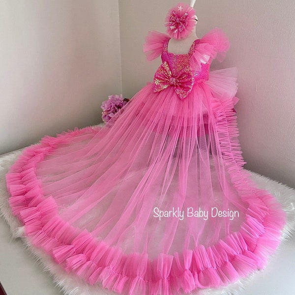 Hot Pink Girl Dress Tulle,Pink photoshoot Dress, Pink Baby Dress,Pink Sequin Tulle Dress, Pink Princess Birthday Dress,Pageant girl dress