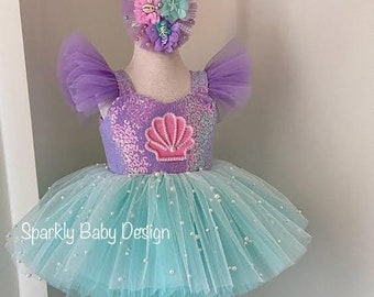 Handmade Sequin Mermaid Dress: Ariel Inspired Costume with Hair Accessory