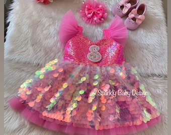 Hot Pink Girl Dress Tulle,Pink photoshoot Dress, Pink Baby Dress,Pink Sequin Tulle Dress, Pink Princess Birthday Dress,Pageant girl dress