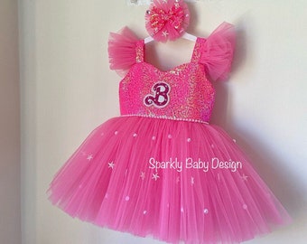 Robe en tulle à sequins rose fuchsia personnalisée faite main, robe d'anniversaire pour séance photo
