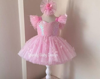 Handmade Pink Butterfly Tulle Dress: First Birthday Tutu, Photoshoot Outfit