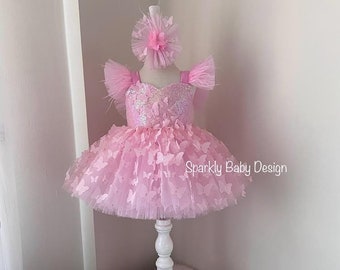 Handmade Pink Butterfly Tulle Dress: First Birthday Tutu, Photoshoot Outfit
