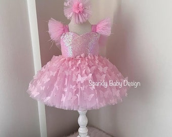 Handmade Pink Butterfly Tulle Dress: First Birthday Outfit