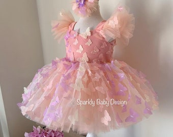 Handmade Pink Butterfly Tulle Dress: First Birthday Outfit