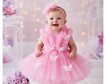 Baby Butterfly Tulle Dress: Pink First Birthday Princess Tutu
