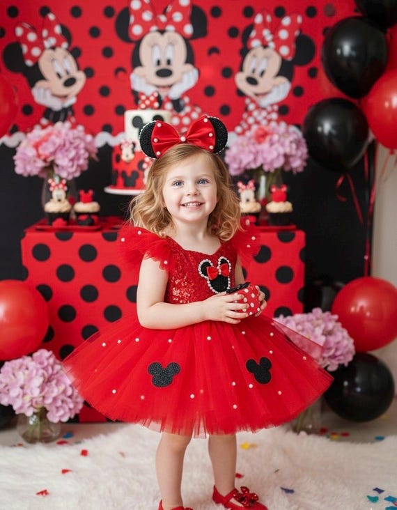 Handmade Minnie Mouse 1st Birthday Dress with Headband Handmade Minnie Mouse 1st Birthday Dress with Headband