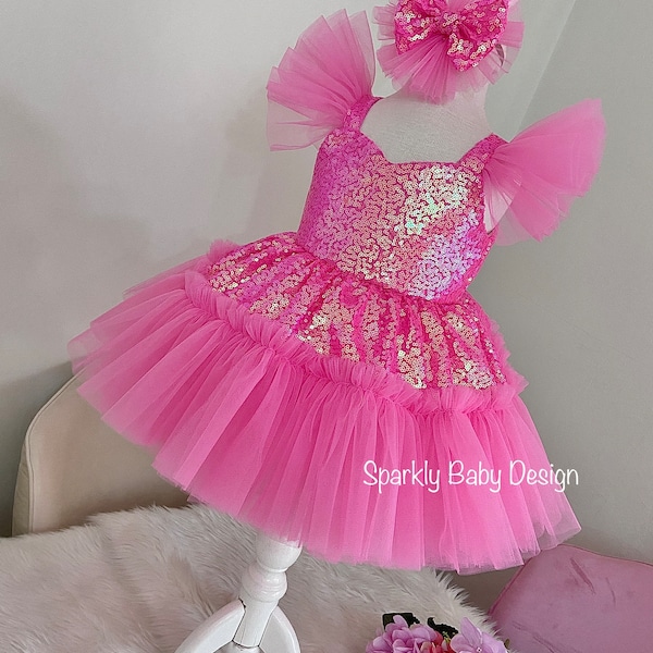 Hot Pink Girl Dress Tulle,Pink photoshoot Dress, Pink Baby Dress,Pink Sequin Tulle Dress, Pink Princess Birthday Dress,Pageant girl dress