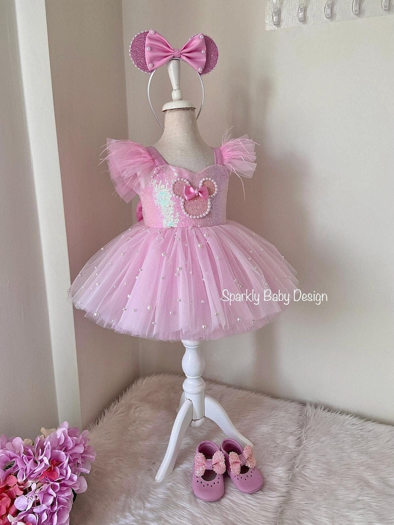 Pink Mouse Tutu Birthday Dress for Toddler Girl – First Birthday Smash Cake Outfit – Princess Party Dress image 4