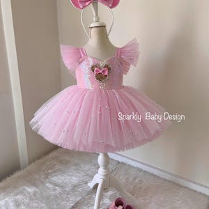 Pink Mouse Tutu Birthday Dress for Toddler Girl – First Birthday Smash Cake Outfit – Princess Party Dress Model 2 Gold Mouse