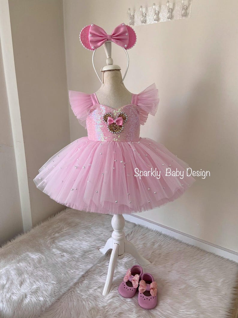 Pink Mouse Tutu Birthday Dress for Toddler Girl – First Birthday Smash Cake Outfit – Princess Party Dress Model 2 Gold Mouse