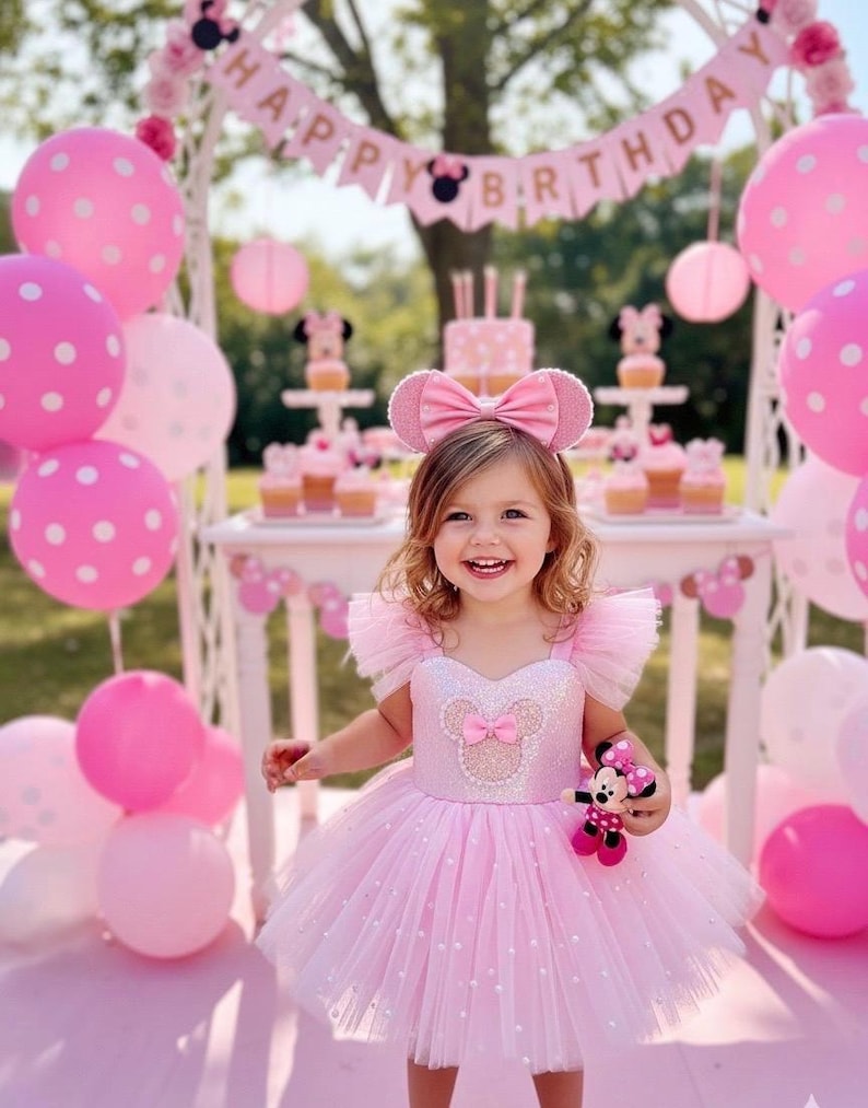 Pink Mouse Tutu Birthday Dress for Toddler Girl – First Birthday Smash Cake Outfit – Princess Party Dress image 1