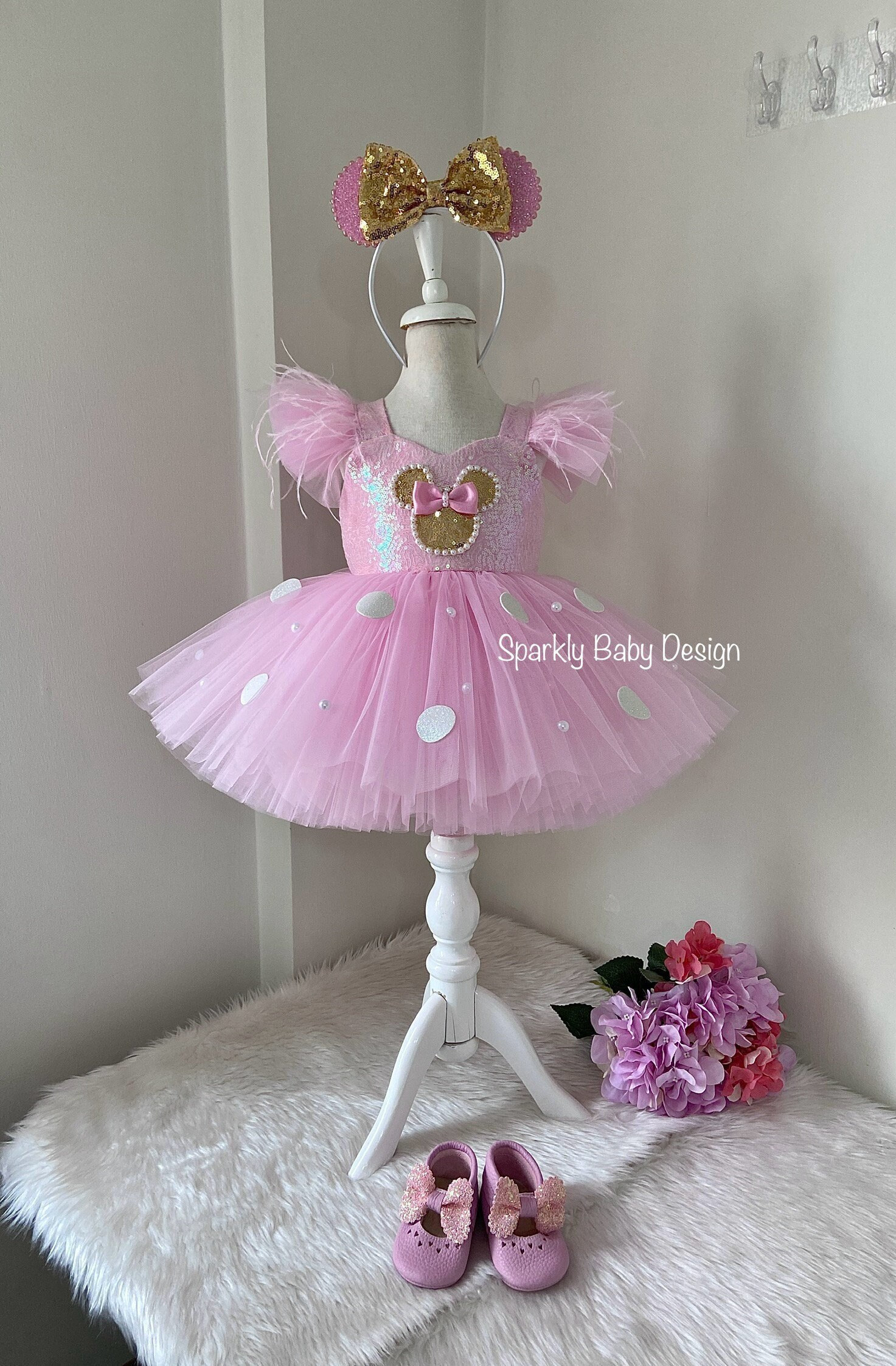 Minnie Mouse 1st Birthday Dress: Handmade Pink Tutu, Hair Accessory