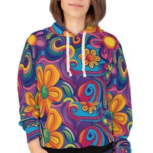 Bluza z kapturem Flower Power: abstrakcyjny nadruk w stylu retro hipisowskim