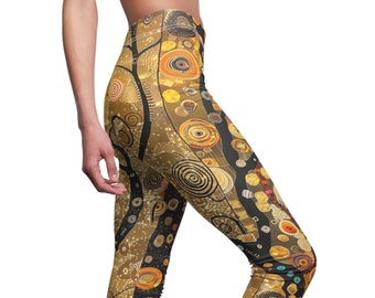 Klimt-Inspired Art Leggings: Abstract Black and Gold Yoga Pants