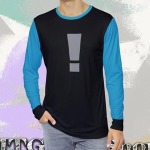 Exclamation Point Men&#39;s Long Sleeve Shirt: Black & Turquoise Graphic Tee