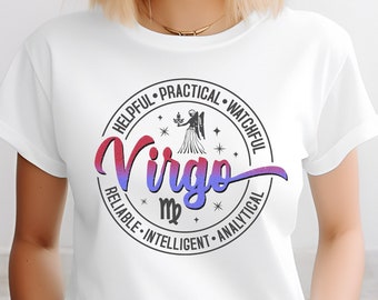 Può includere: T-shirt bianca con una grafica circolare che presenta il segno zodiacale della Vergine. La grafica include le parole "Vergine", "Gentile", "Pratico", "Attento", "Affidabile", "Intelligente" e "Analitico".