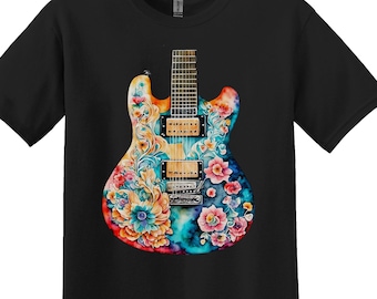 May include: Black t-shirt with a colorful floral guitar design. The shirt is available in nine colors and a variety of sizes, including small, medium, large, XL, 2XL, 3XL, 4XL, and 5XL. Gildan 5000 Color Mock-Up.