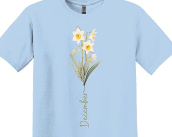 Camiseta com estampa floral de nascimento em dezembro: camiseta botânica Narciso