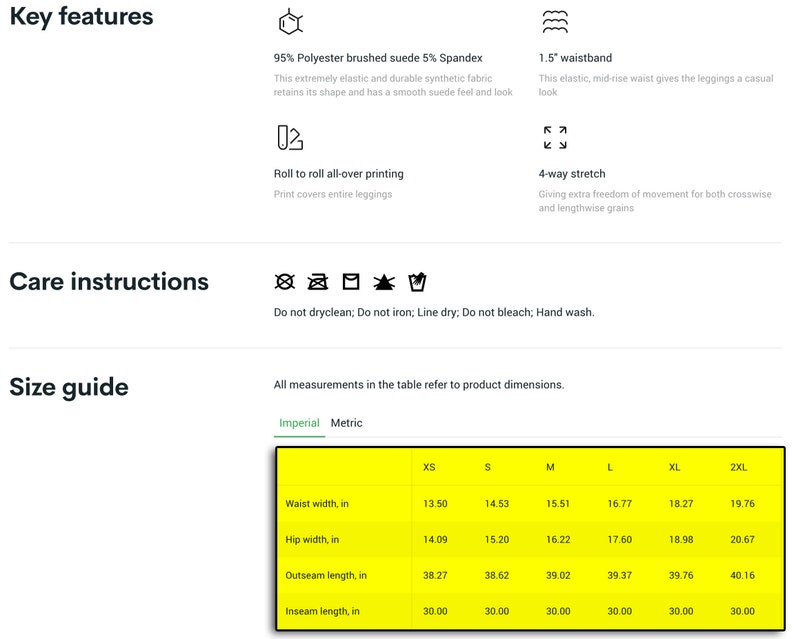 Size Chart, Care Instructions