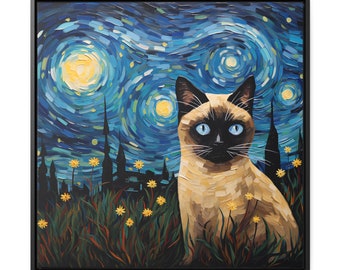 Siamese Cat Starry Night Framed Canvas Print