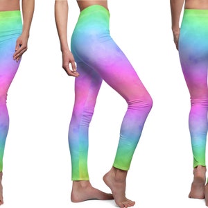 Women's Rainbow Watercolor Leggings, Bright Colorful Leggings, Pink and Teal Rainbow, Designer Leggings, Yoga Pants, Workout Pants.