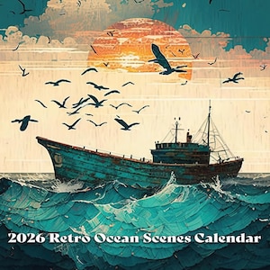 May include: A retro-style calendar featuring a teal fishing boat sailing on turquoise waves under a sunset sky. Silhouetted birds fly above the boat. The calendar is titled "2026 Retro Ocean Scenes Calendar".