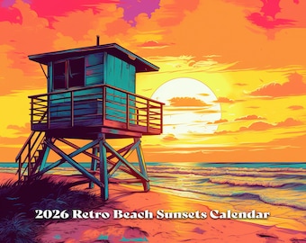 2026 Retro Strand Sonnenuntergänge Kalender, 2026 Sonnenuntergänge Kalender, Wandkalender, Jahreskalender, Monatsplaner, Organisator, Geschenkidee