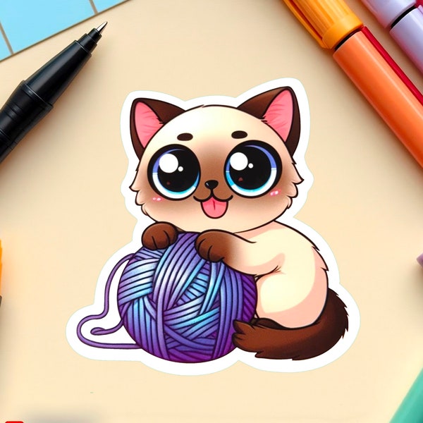 Silly Cat Yarn Sticker | Cute Funny | Waterproof | Glossy Finish | Kawaii | Laptop | Water Bottle | Bullet Journal | Stationary