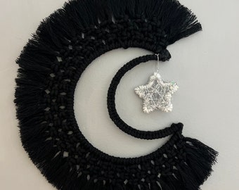 Crescent Moon Black Macrame with Glow in the dark Star Wall Hanging
