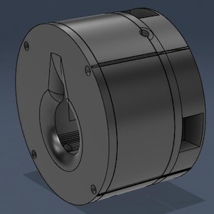 May include: A dark gray, cylindrical mechanical component with a central opening and multiple circular indentations. The component has a series of small, evenly spaced holes around the perimeter of the circular face. The object is set against a blue background.