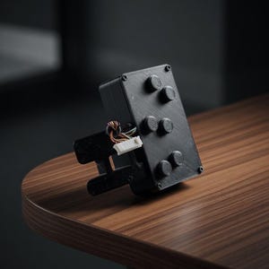 May include: A black, rectangular electronic device with four raised circular buttons on one side. The device has a handle and exposed wires with a white connector. It sits on a wooden surface.