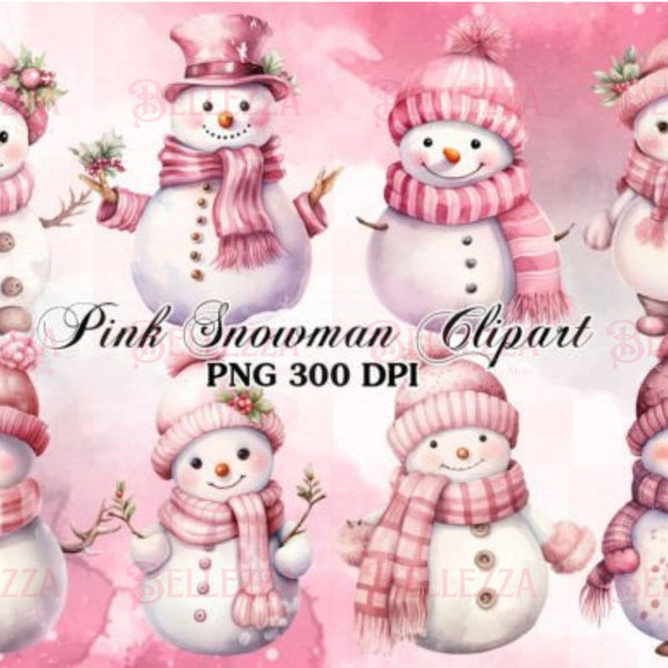 8 Cute PINK CHRISTMAS Snowmen PNG Clipart Graphic, Bonus 5 Super Cute Christmas Images