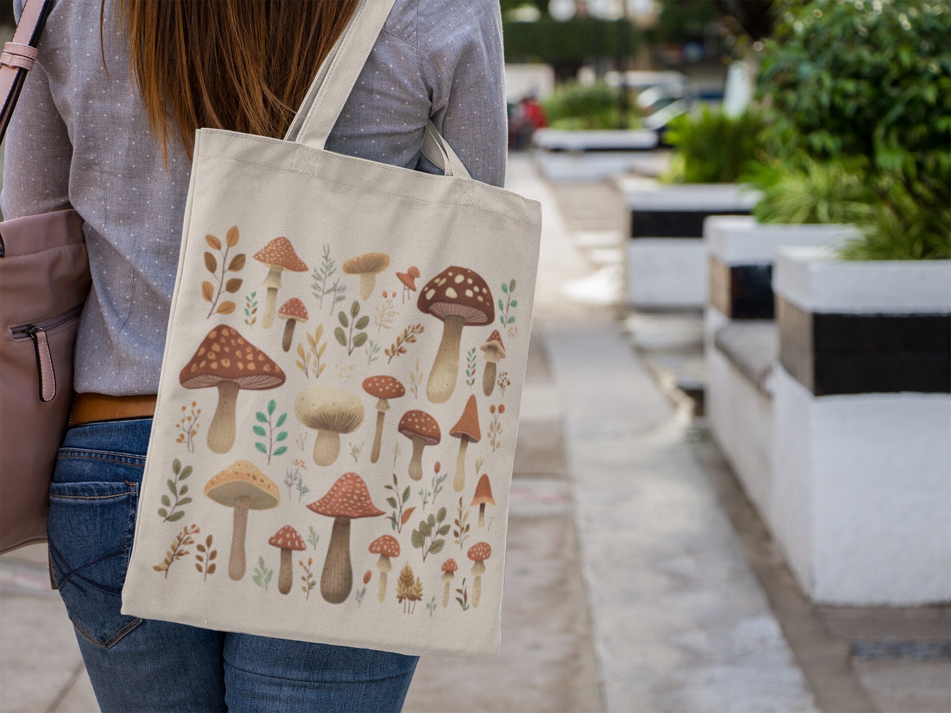 Mushroom Tote Bag Illustrated Mushroom Pattern Botanical Etsy
