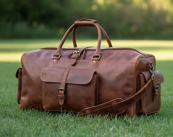 Bolsa de viaje de cuero de grano completo hecha a mano / Bolsa de viaje de fin de semana marrón