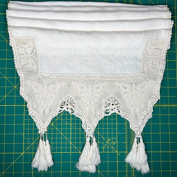 Antique White work table runner with gorgeous needlework  butterflies and tassels