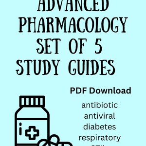 Könnte beinhalten: Ein Set mit 5 Studienleitfäden für fortgeschrittene Pharmakologie, mit einer Schwarzweißillustration einer Pillenflasche und Pillen. Die Leitfäden behandeln Antibiotika, Antivirale, Diabetes, Atemwegserkrankungen und sexuell übertragbare Krankheiten.