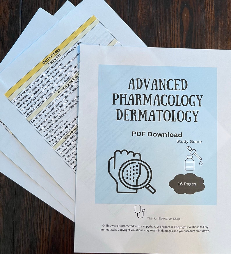 May include: A blue and white study guide for advanced pharmacology in dermatology. The guide is a PDF download and includes 16 pages. The cover features a magnifying glass over a hand with a rash and a bottle of liquid with a dropper.